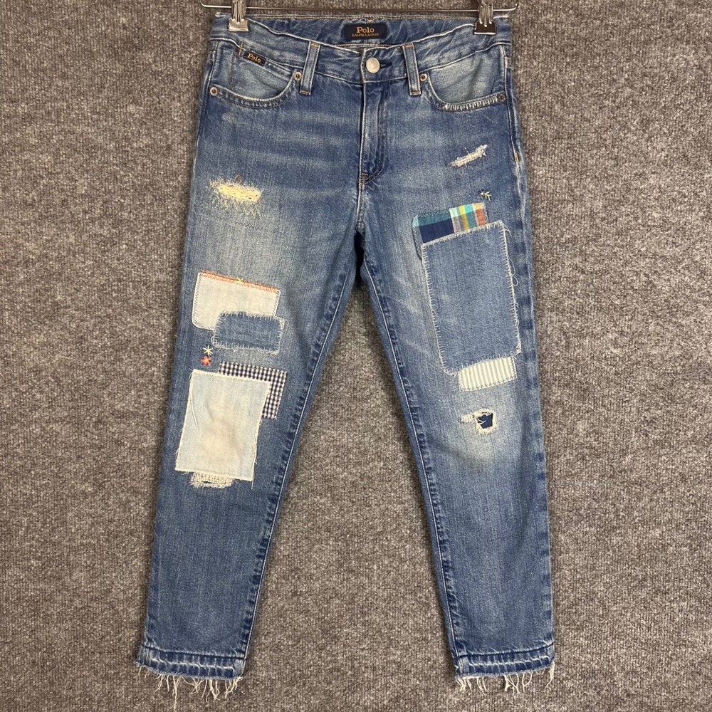Polo Ralph Lauren Astor Slim Boyfriend Girls 10 Blue Denim Patchwork Jeans
